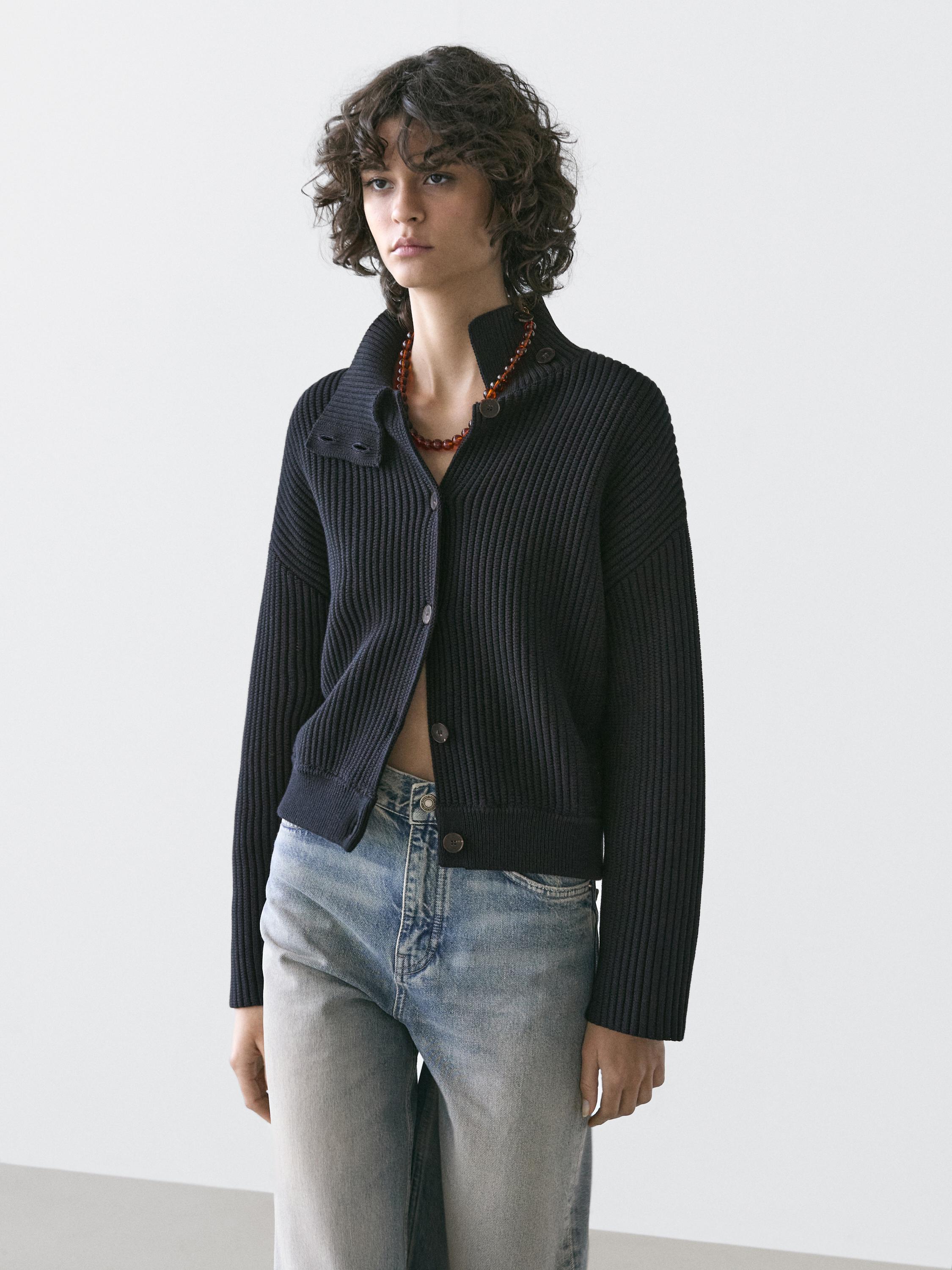 Cardigan maille coton col montant